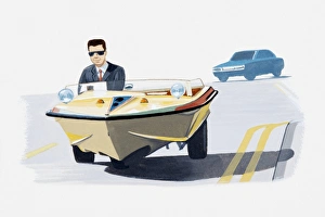Illustration of man in suit travelling in a car converted from a speedboat Illustration of man in suit travelling in a car converted from a speedboat