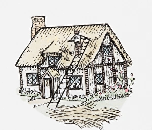Illustration of man thatching cottage roof Illustration of man thatching cottage roof