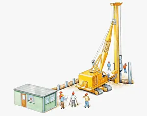 Illustration of man using pile driver on construction site Illustration of man using pile driver on construction site