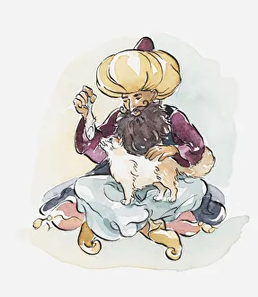 Illustration of man wearing a turban feeding a fish to a Turkish van cat Illustration of man wearing a turban feeding a fish to a Turkish van cat