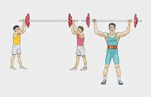 Illustration of man weightlifting and two men holding barbell above heads Illustration of man weightlifting and two men holding barbell above heads