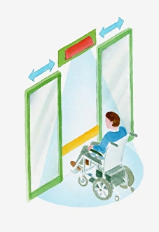 Illustration of a man in a wheelchair approaching an automatic door with sensor beam Illustration of a man in a wheelchair approaching an automatic door with sensor beam