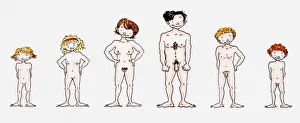 Illustration of a man, a women and children in the nude, front view Illustration of a man, a women and children in the nude, front view