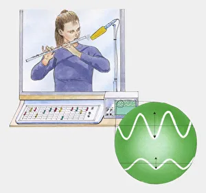 Illustration of measuring sound made by flute played by woman in studio Illustration of measuring sound made by flute played by woman in studio