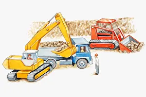 Illustration of men moving rocks using mechanical digger Illustration of men moving rocks using mechanical digger