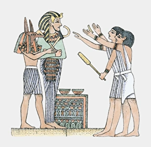 Illustration of men paying respect to Egyptian god of medicine Imhotep as he stands Illustration of men paying respect to Egyptian god of medicine Imhotep as he stands