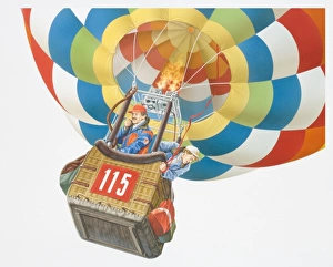 Illustration, two men standing in basket of rising hot-air balloon, one talking into radiophone Illustration, two men standing in basket of rising hot-air balloon, one talking into radiophone