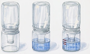 Illustration of three milk bottles turned upside down in glass jars used as barometers to forecast pressure Illustration of three milk bottles turned upside down in glass jars used as barometers to forecast pressure