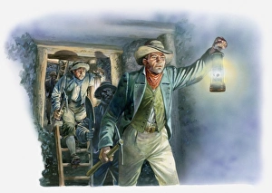 Illustration of miner holding safety lamp in 19th century mine shaft Illustration of miner holding safety lamp in 19th century mine shaft