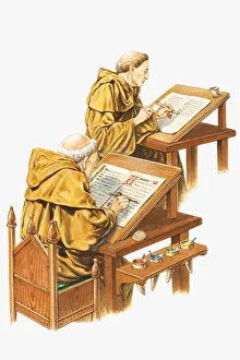 Illustration of two monks creating illuminated writing Illustration of two monks creating illuminated writing