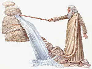 Illustration Moses striking rock with rod as water flows Illustration Moses striking rock with rod as water flows