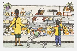 Illustration, mother and son being served standing in front of supermarket meat Illustration, mother and son being served standing in front of supermarket meat