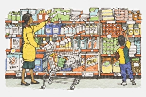 Illustration, mother and son standing in front of supermarket rack containing washing Illustration, mother and son standing in front of supermarket rack containing washing