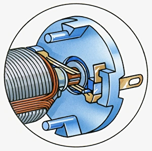 Illustration of multipole electric motor with metal magnetic strips and commutator Illustration of multipole electric motor with metal magnetic strips and commutator