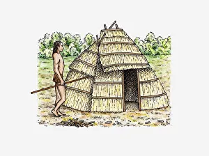 Illustration of Native American standing outside hut in prehistoric Icehouse Bottom Illustration of Native American standing outside hut in prehistoric Icehouse Bottom