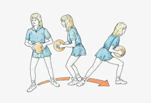 Illustration of netball player keeping one foot on same spot while holding ball and turning Illustration of netball player keeping one foot on same spot while holding ball and turning