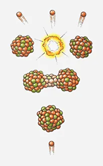 Illustration of neutron hitting Uranium-235 nucleus, nucleus becoming unstable Illustration of neutron hitting Uranium-235 nucleus, nucleus becoming unstable