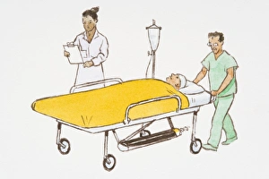 Illustration of nurse reading clipboard as hospital porter walks by pushing unconscious Illustration of nurse reading clipboard as hospital porter walks by pushing unconscious