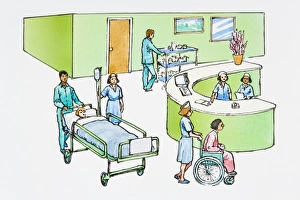 Illustration of nurse work station, porter pushing patient in bed, nurse wheeling patient in wheelchair Illustration of nurse work station, porter pushing patient in bed, nurse wheeling patient in wheelchair