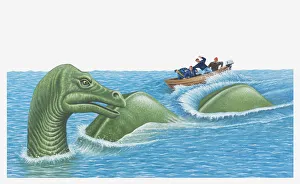 Illustration of of men in small boat as Loch Ness Monster emerges out of the water Illustration of of men in small boat as Loch Ness Monster emerges out of the water