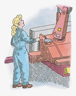 Illustration of of young women operating unloading crane Illustration of of young women operating unloading crane