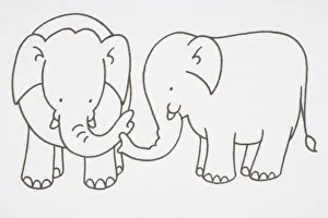 Illustration, pair of Elephants, trunks touching, side view Illustration, pair of Elephants, trunks touching, side view