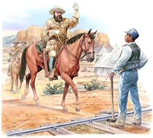 Illustration of paleontologist Othniel Marsh, on horseback, greeting Matthew Randall standing in front of him Illustration of paleontologist Othniel Marsh, on horseback, greeting Matthew Randall standing in front of him