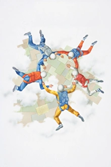 Illustration, five parachutists in formation, view from above Illustration, five parachutists in formation, view from above