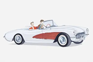 Illustration of two passengers in Chevrolet Corvette open sports car, 1950s Illustration of two passengers in Chevrolet Corvette open sports car, 1950s