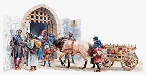 Merchandise Gallery: Illustration of peasants arriving at a medieval castle to buy and sell in the courtyard market