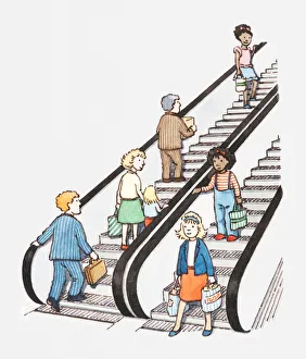 Illustration of people on up and down escalators Illustration of people on up and down escalators