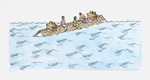 Illustration of people sitting on roof of house submerged in water caused by flood Illustration of people sitting on roof of house submerged in water caused by flood
