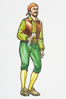Illustration of pirate holding paper, with beard wearing headscarf, shirt, waistcoat, leggings and leather shoes Illustration of pirate holding paper, with beard wearing headscarf, shirt, waistcoat, leggings and leather shoes