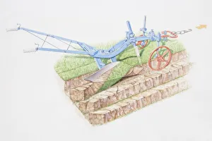 Illustration, plough turning over soil and creating furrows Illustration, plough turning over soil and creating furrows