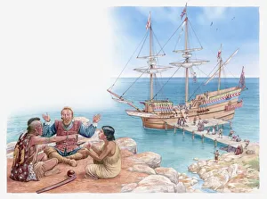 Illustration of Pocahontas and her father sitting and talking with Captain John Smith Illustration of Pocahontas and her father sitting and talking with Captain John Smith