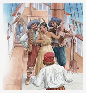 Illustration of Pocahontas being held on a boat Illustration of Pocahontas being held on a boat