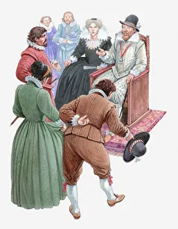 Illustration of Pocahontas and her husband John Rolfe meeting King James and Queen Anne Illustration of Pocahontas and her husband John Rolfe meeting King James and Queen Anne