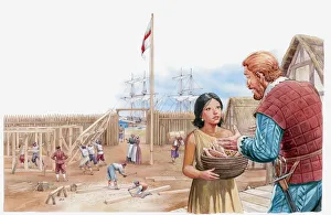 Illustration of Pocahontas visiting Captain John Smith in compound Illustration of Pocahontas visiting Captain John Smith in compound