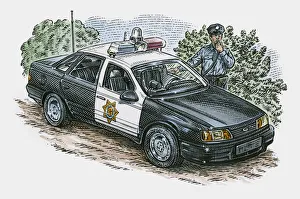 Illustration of police officer standing next to police car Illustration of police officer standing next to police car