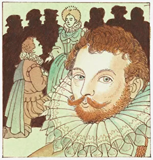 Illustration of portrait of Sir Francis Drake and his knighthood by Queen Elizabeth I in background