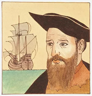 Images Dated 5th August 2011: Illustration of portrait of Vasco da Gama with ship in background