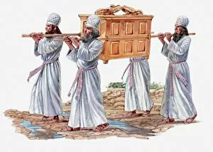 Watercolor paintings Collection: Illustration of four priests carrying the Ark of the Covenant and crossing the River Jordan