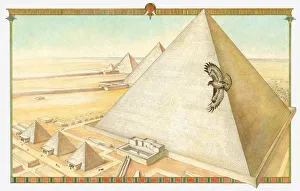 Illustration of pyramids of Gizeh and falcon flying in the air Illustration of pyramids of Gizeh and falcon flying in the air