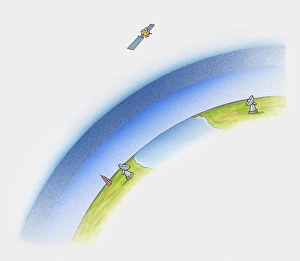 Illustration of radio waves transmitted from satellite in space through Earths atmosphere Illustration of radio waves transmitted from satellite in space through Earths atmosphere