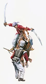 Illustration of Rani of Jhansi on horseback attacking British soldier with swords Illustration of Rani of Jhansi on horseback attacking British soldier with swords