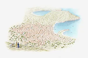 Illustration of recreation of bronze age town and how it would have looked to a traveller on the hill of of Petsofa Illustration of recreation of bronze age town and how it would have looked to a traveller on the hill of of Petsofa
