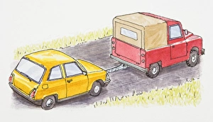 Illustration of red jeep towing yellow car on road Illustration of red jeep towing yellow car on road