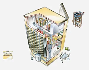 Illustration of refrigerator and smaller images showing chest freezer and boiler Illustration of refrigerator and smaller images showing chest freezer and boiler