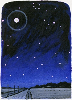 Illustration of ring around full moon caused by reflection of moonlight from crystals in upper atmosphere of night sky Illustration of ring around full moon caused by reflection of moonlight from crystals in upper atmosphere of night sky