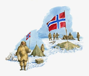 Illustration of Roald Amundsen with men at camp Polheim holding Norwegian flag Illustration of Roald Amundsen with men at camp Polheim holding Norwegian flag